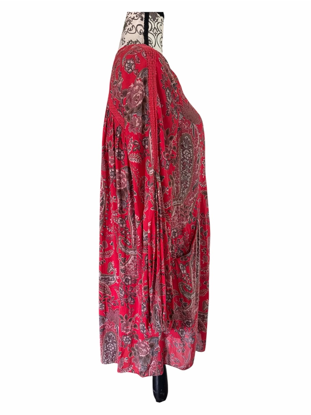Free People Red Paisley Tie-Front V-Neck Tunic - Picture 2 of 8